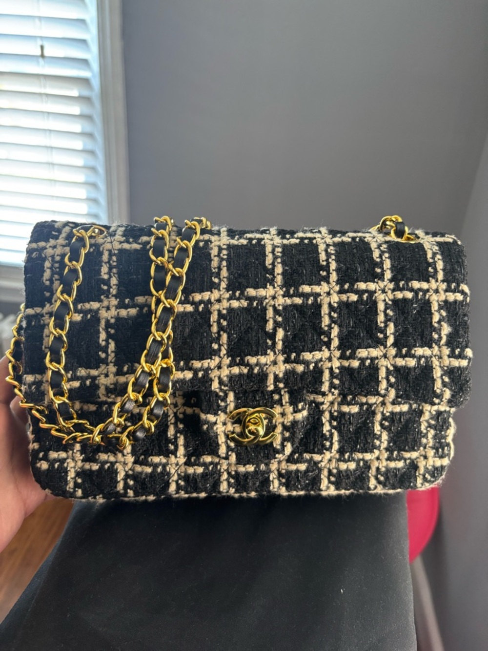 Black & Cream Tweed Quilted Crossbody Bag with Gold Chain